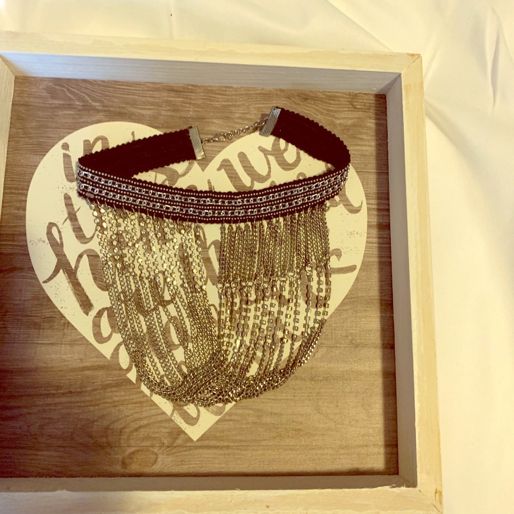 Necklace Black velvet line silver chain choker